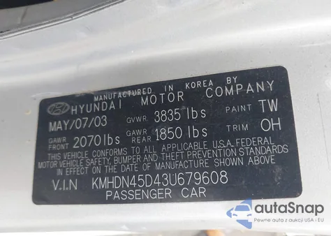 2003 Hyundai Elantra Gls/Gt z USA, uszkodzony, nr VIN KMHDN45D43U679608